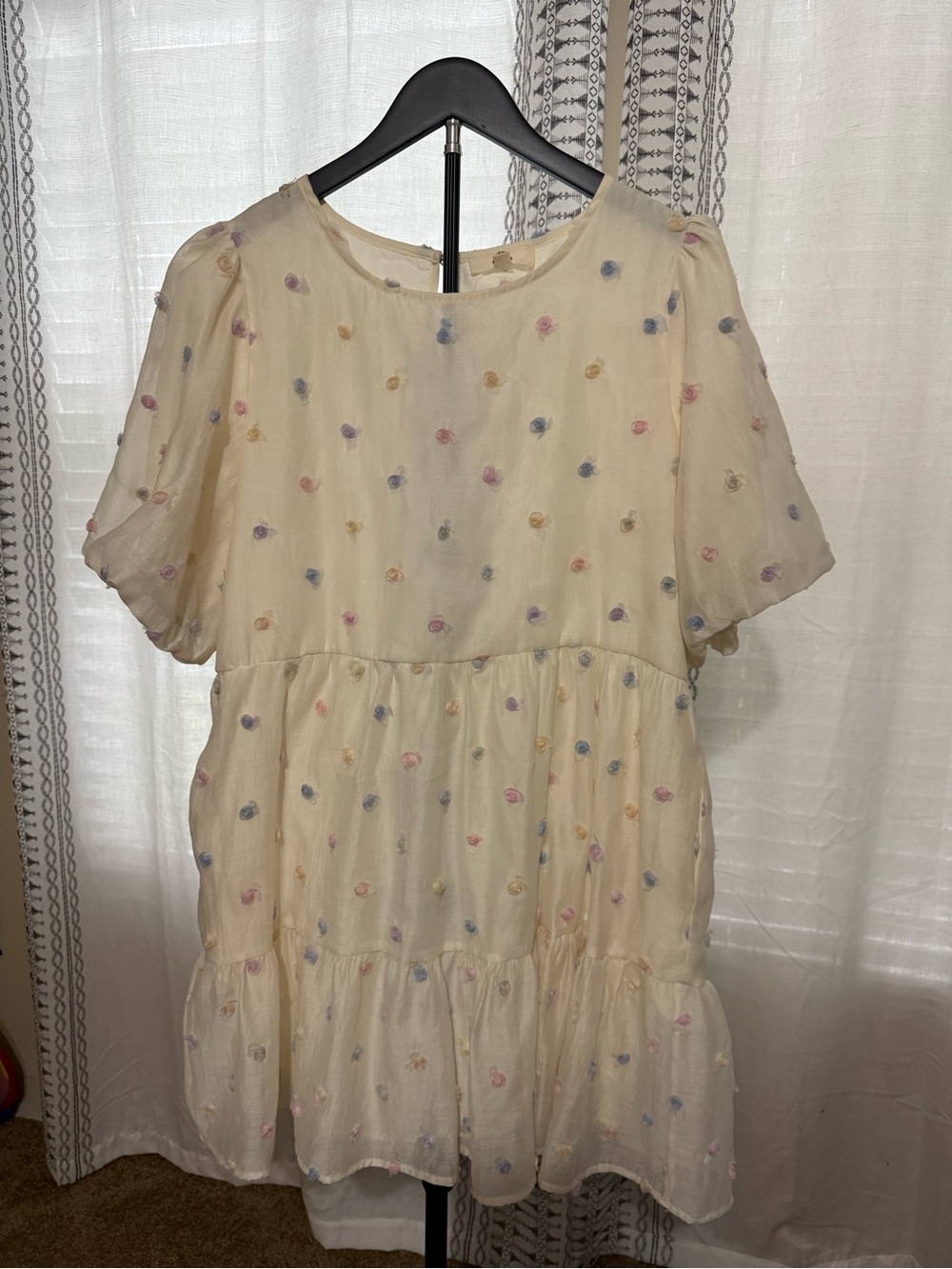 entro Cream Tiered Mini Dress with Pastel Embroidered Dots